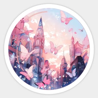 Pink city and butterflies Sticker